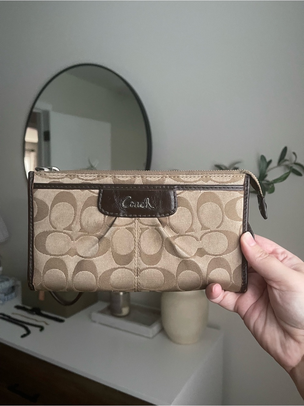 Coach Beige and Brown Signature Canvas Wristlet